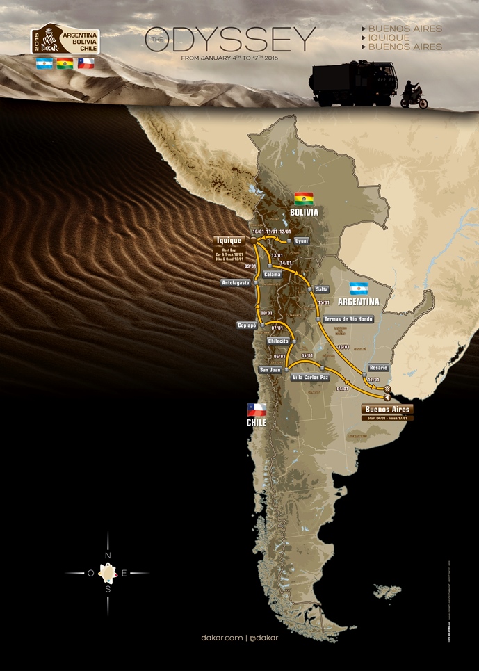www.dakar.com;Trasa 37. ročníka Rallye Buenos Aires - Iquique - Buenos Aires Trasa 37. ročníka Rallye Buenos Aires - Iquique - Buenos Aires;Foto: www.dakar.com;